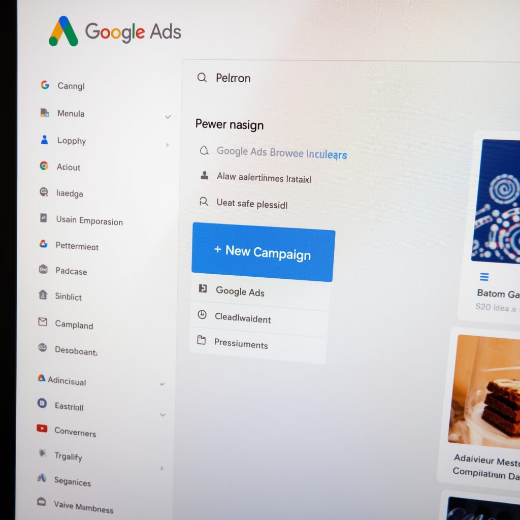 Google Ads login screen with new campaign button